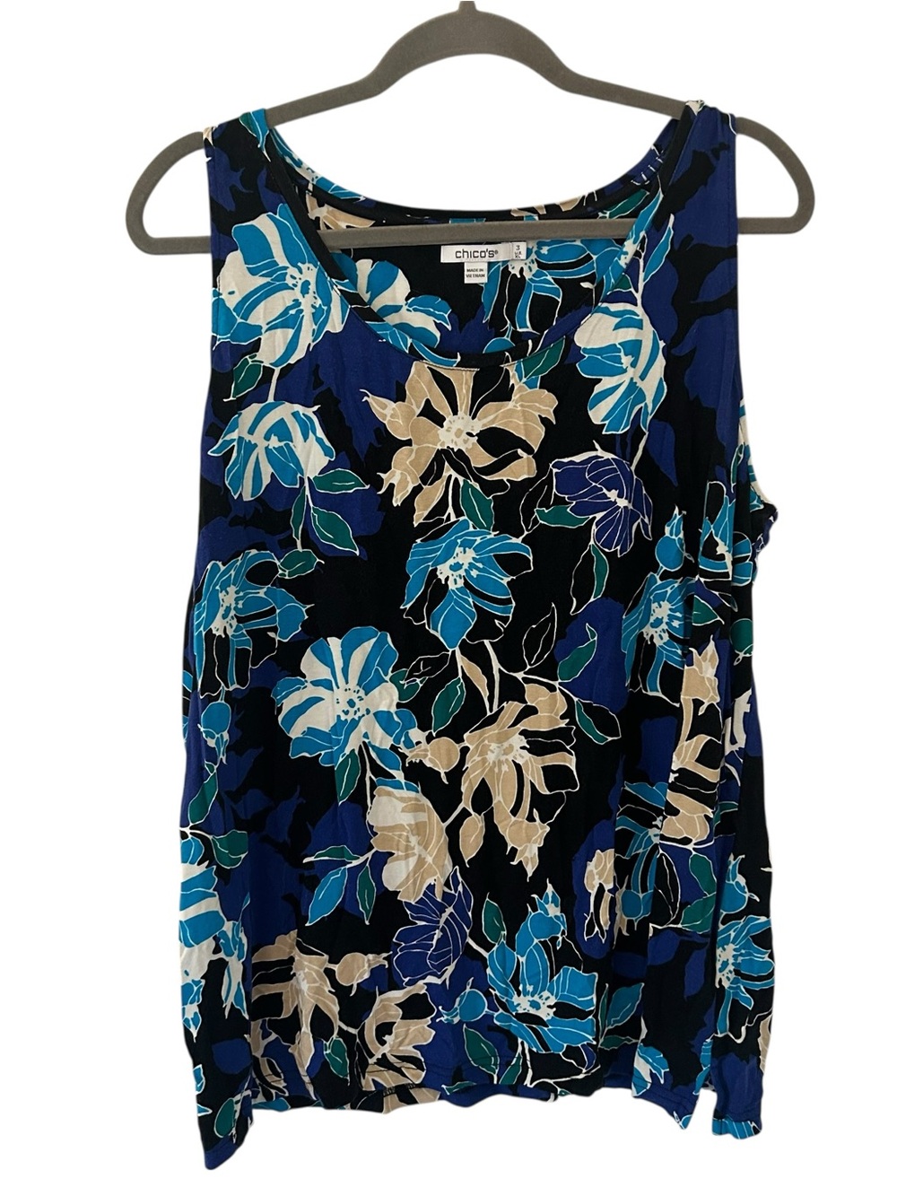 Blue & Brown Chicos Floral Design Top Shirt Flowy Style Women’s Size XL 3 Fit!